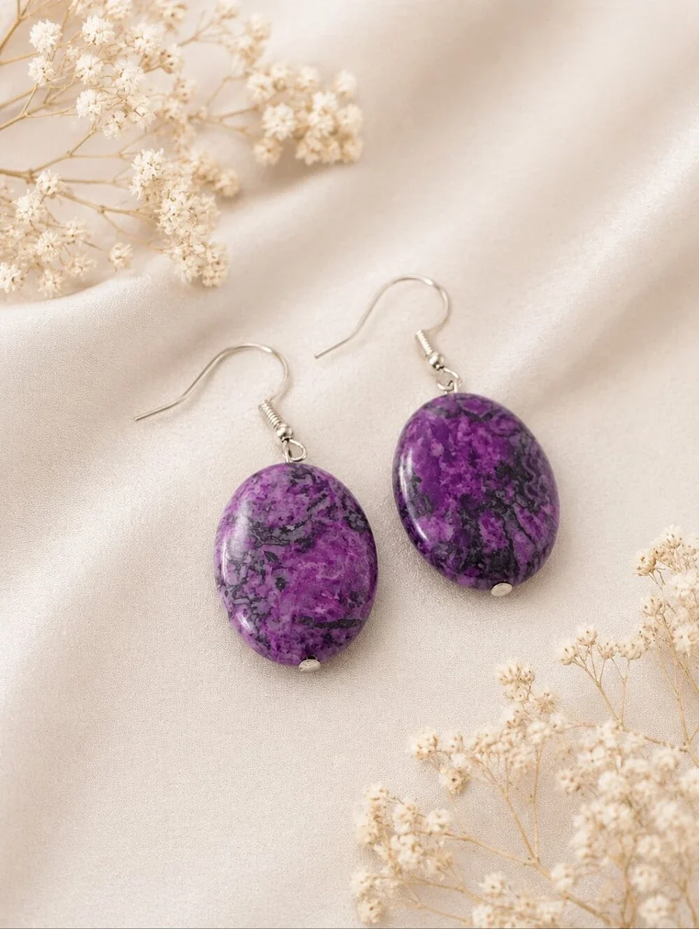 Purple Crazy Lace Oval Dangle Earrings | Handmade Statement Gemstone Earrings